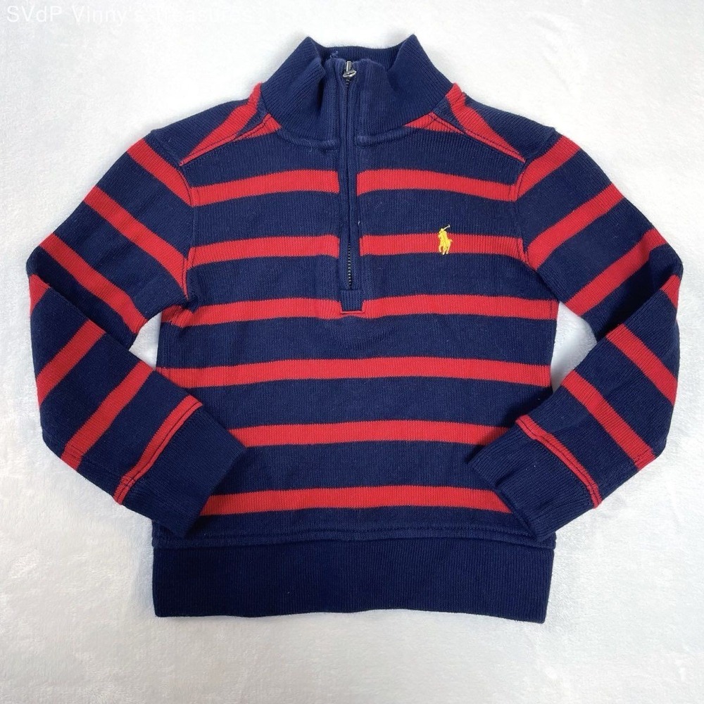Polo Ralph Lauren Toddler 3T Quarter Zip Sweater Navy Red Striped Pony Pullover